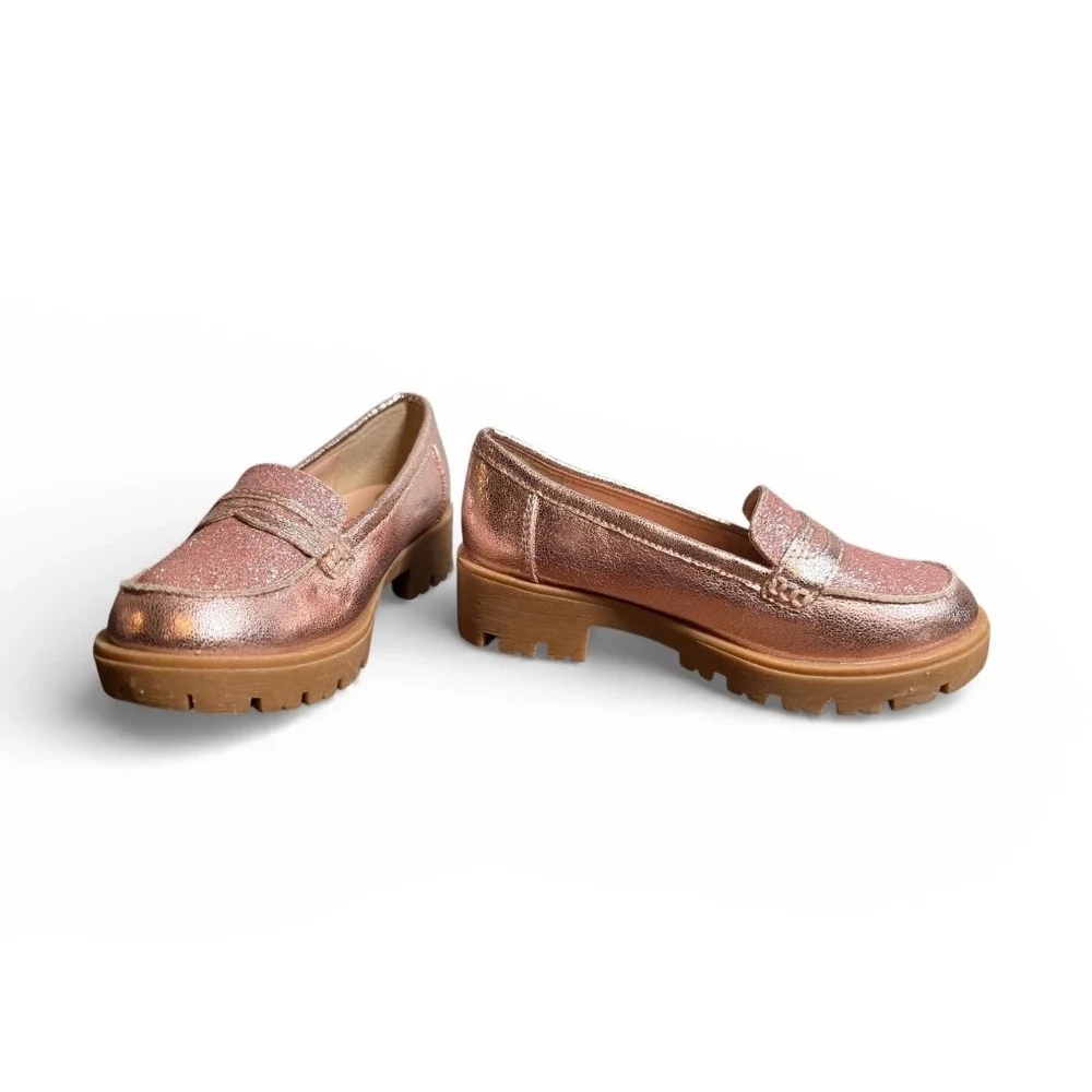 Jellypop‎ Toddler Side Step Rose Gold Metallic Glitter Chunky Penny Loafers 12M
